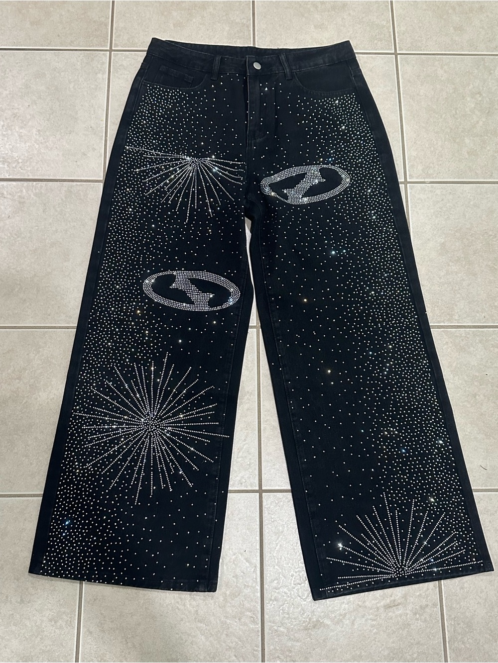 Womens Black Crystal-Embellished Wide-Leg Jeans